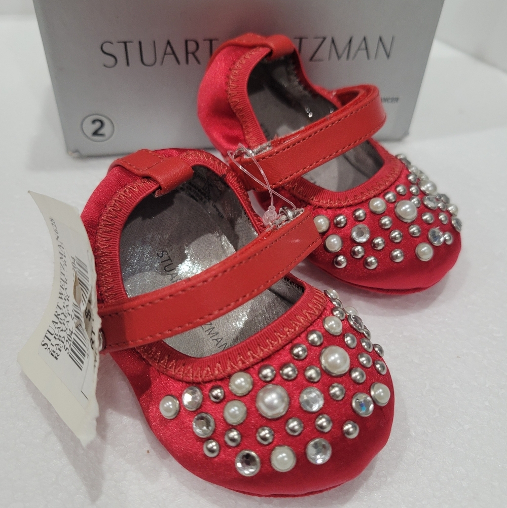 Stuart Weitzman Baby Size 2 Red Dress Shoes with Pearls and Rhinestones